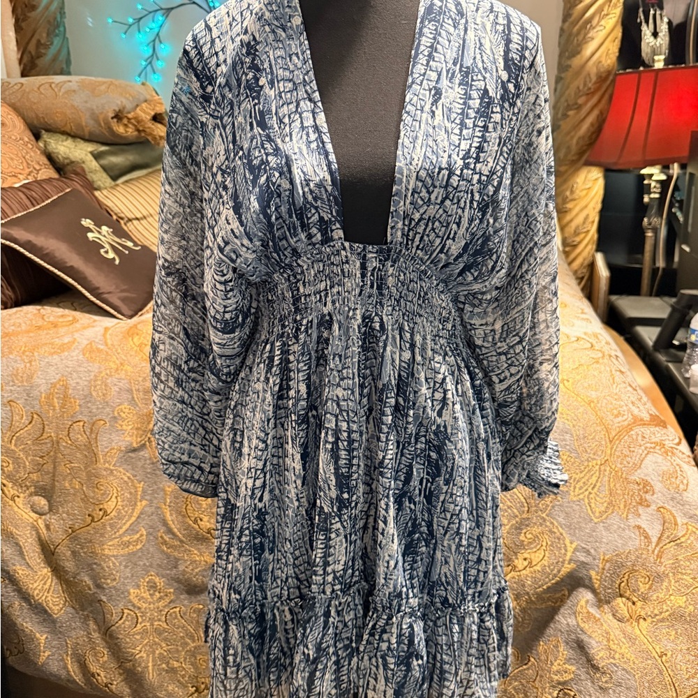 lovestitch Blue Printed V-Neck Smocked Waist Dress